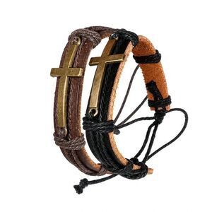 Unisex Rustic Layered Leather Cross Bracelet Set